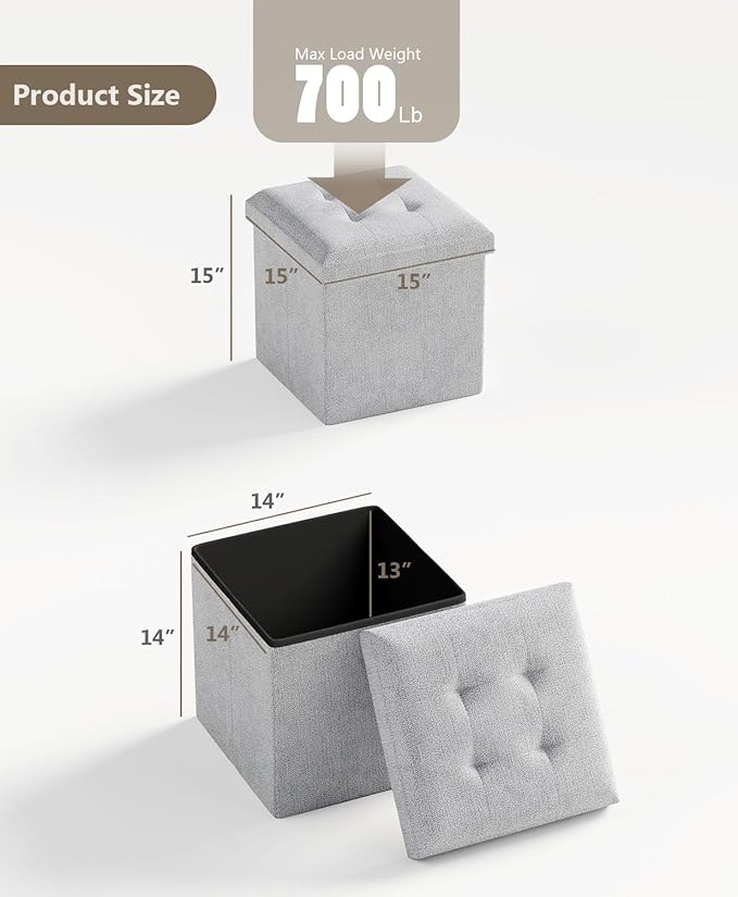 15 Inches Small Folding Storage Ottoman Cube, Storage Footrest, Foot Rest Stool, for Living Room, Bedroom, Dorm, Hallway, Entryway, Light Gray-HomvellaHome