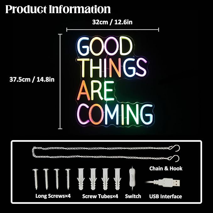 Good Things Are Coming Neon Sign Colorful Letters Neon Lights Signs Motivational Decor Inspirational Quotes LED Neon Signs for Wall Bedroom Bar Office Man Cave Dorm Decor Birthday Gifts-HomvellaHome