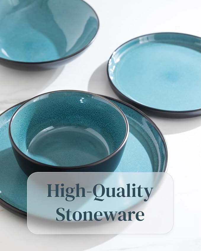 16 Piece Dinnerware Sets for 4 - Modern Style Stoneware Dinnerware Set - Scratch Resistant, Dishwasher Safe Plates and Bowls Sets Ceramic, Dish Set, Bowl and Plate Set - Black and Petrol Blue…-HomvellaHome