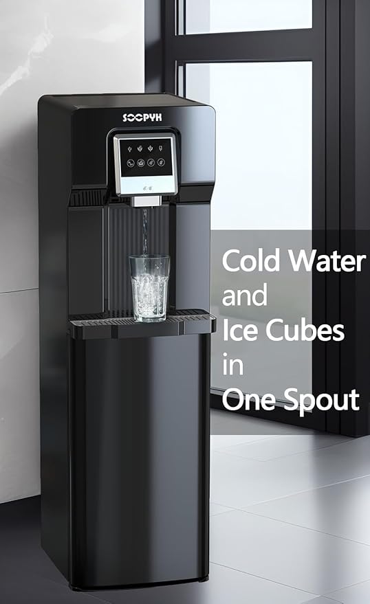 2 in 1 Bottom Load Water Cooler Dispenser with Ice Maker for 3 Gallon Bottle 17lbs Daily Capacity (NO HOT Water) Black-HomvellaHome