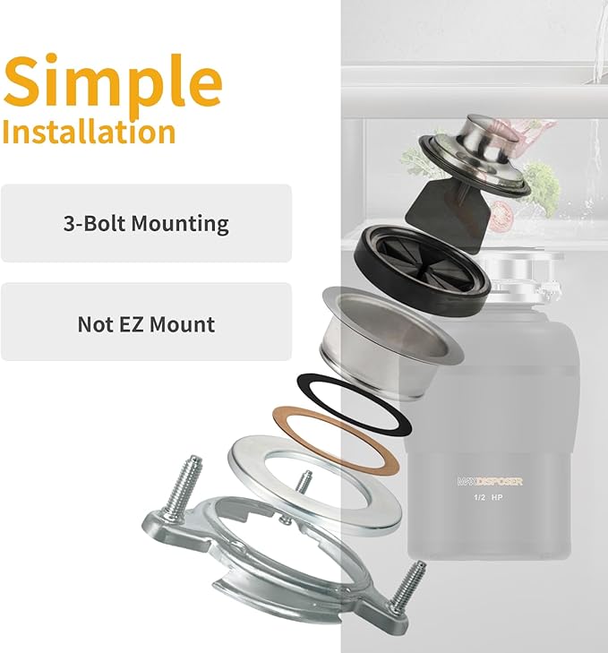 Garbage Disposal 1/2 HP Easy install Quiet with Stopper Power Cord, Kitchen sink Food Waste Disposer Continuous Feed, Stainless Steel Grind Half Horsepower AC Motor Unit (MAX-3)-HomvellaHome
