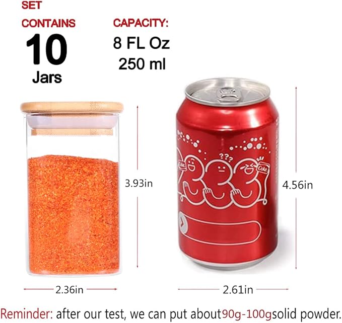 10 Pcs Glass Spice Jars - 8oz Empty Square Spice Storage Containers With Bamboo Airtight Lid and Labels - Thicken Small Glass canister for Kitchen Seasoning,Coffee Bean,Tea,Suger,Herbs-HomvellaHome