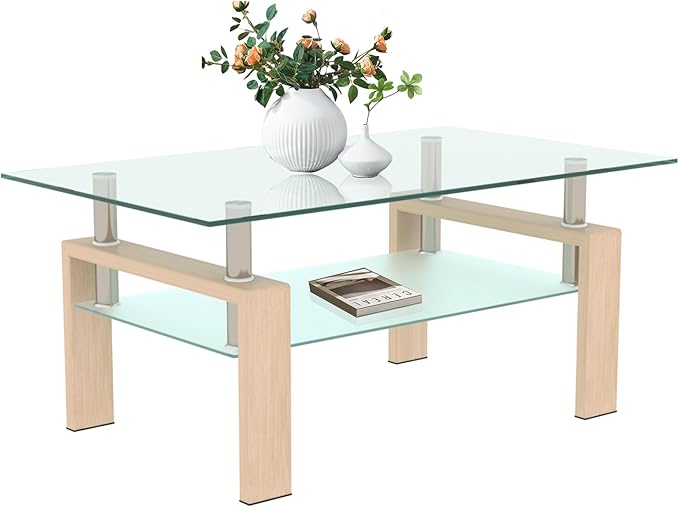 Glass Coffee Table Rectangle Living Room Center Table, 39inch Transparent Tempered Glass Tabletop and Beige Wood Grain Metal Legs, Beige + Clear Glass-HomvellaHome