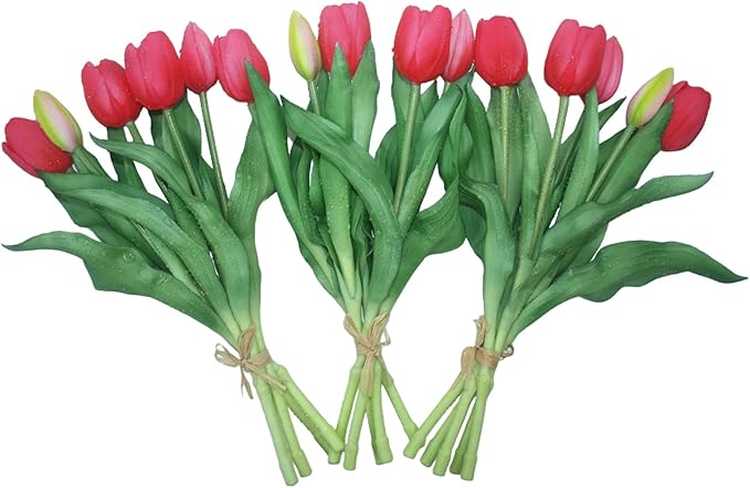 15pcs Artificial Tulips Flowers, Fake Tulips Real Touch, Faux Latex Bouquets, for Party Wedding Home Room Decoration (Rose Red)-HomvellaHome
