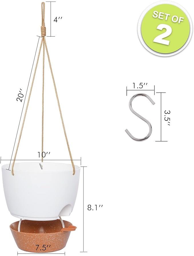 10 Inch Self Watering Hanging Pots, 2 Pack Hanging Planters with 40oZ Deep Reservior for Indoor Outdoor Plants Flowers, White with Brown-HomvellaHome
