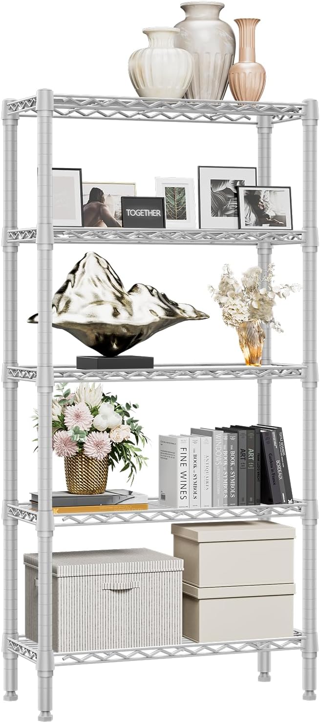 1250 lbs 5 Tier Shelf Metal Storage Shelves Wire Rack Closet Organizers for Garage Kitchen Bathroom Laundry White 11.8" D x 29.5" W x 59.5" H-HomvellaHome