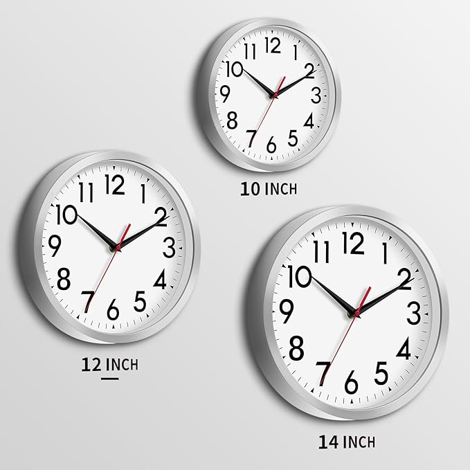 12 Inch Wall Clock Battery Operated Silent Non Ticking Analog Modern Decorative for Office Kitchen Outdoor Living Room Classroom Bedroom Bathroom School(Silver)-HomvellaHome