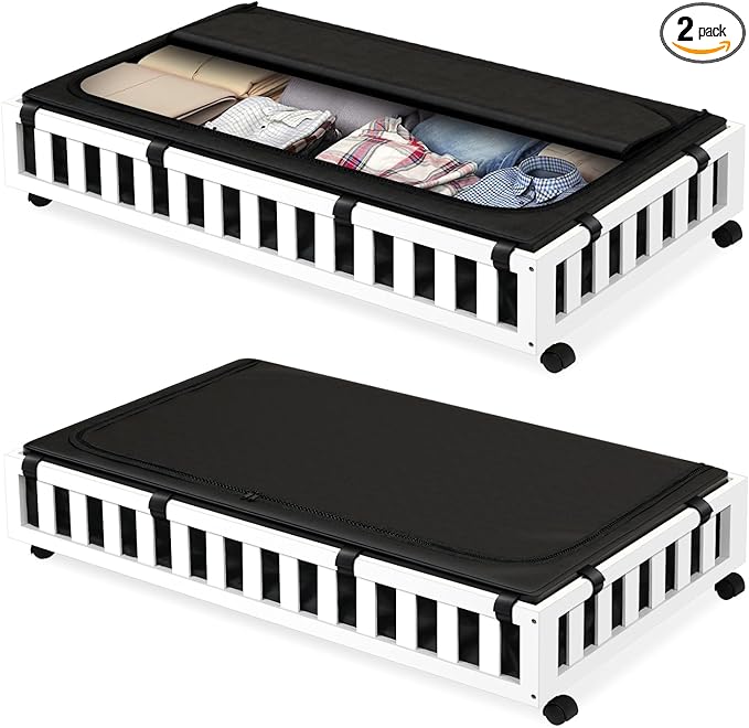 2 Pack Bamboo Under Bed Storage with Wheels, 39”x20”x7.8” Lager Under Bed Storage Containers (White)-HomvellaHome