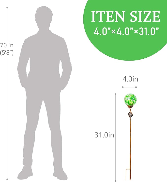 Garden Solar Lights, Decorative LED Honeycomb Glass Ball Garden Stake, Glass and Metal Outdoor Decoration, 4 x 31 Inch (Green)-HomvellaHome