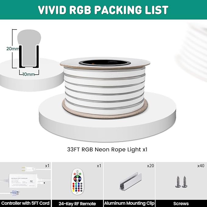 GZBtech RGB LED Neon Rope Lights 33FT/10M, AC 110-120V Waterproof Color Changing LED Rope with Remote Controller, Dimmable Multi Color Neon Rope Lighting for Indoor Outdoor Commercial Use-HomvellaHome