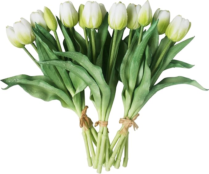 15pcs Artificial Tulips Flowers, Fake Tulips Real Touch, Faux Latex Bouquets, for Party Wedding Home Room Decoration (White)-HomvellaHome