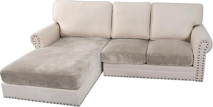 H.VERSAILTEX Velvet Stretch 3-Piece L Shape Sectional Couch Covers (Large 2 Seater + 1 Chaise, Oatmeal)-HomvellaHome