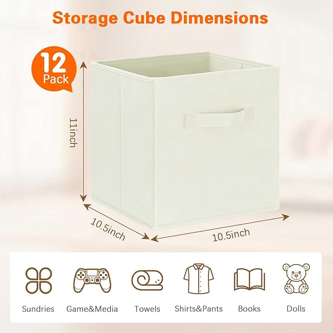 GhvyenntteS Storage Cubes 12 Pack, 11 Inch Cube Storage Bins with Dual Handles, Collapsible Fabric Storage Bins for Shelves Closet, Storage Baskets for Organizing Clothes, Bedding, Books, Beige-HomvellaHome