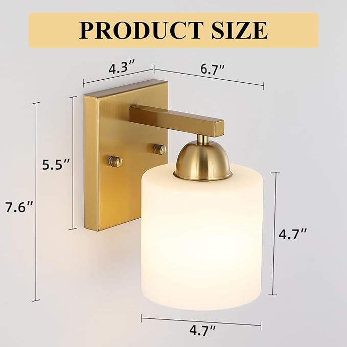 Gold Milk Glass Wall Sconces, 1 Pack Hardwired Indoor Wall Light Fixtures for Living Room, Hallway, Bedroom, Ceramic E26 Sockets (Bulbs Not Included)-HomvellaHome