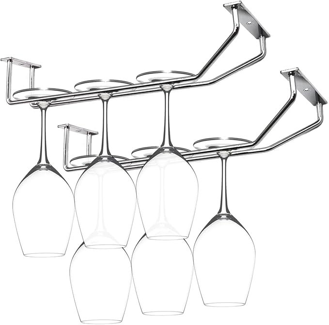 10.8 Inch Wine Glass Rack, Under Cabinet Wine Glass Holder, Wine Glass Hangers Under Shelf, Chrome Finish Stemware Rack, Hanging Stemware Holder for Cabinet Kitchen Bar, Set of 2-HomvellaHome