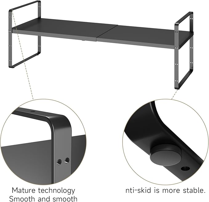 16.5~27.1" Expandable Shelf Organizer, 1Pack 8.1" Wide Stackable Cabinet Shelf Organizers, Black Metal Sturdy Kitchen Counter Storage for Countertop, Adjustable Height Spice Rack-HomvellaHome