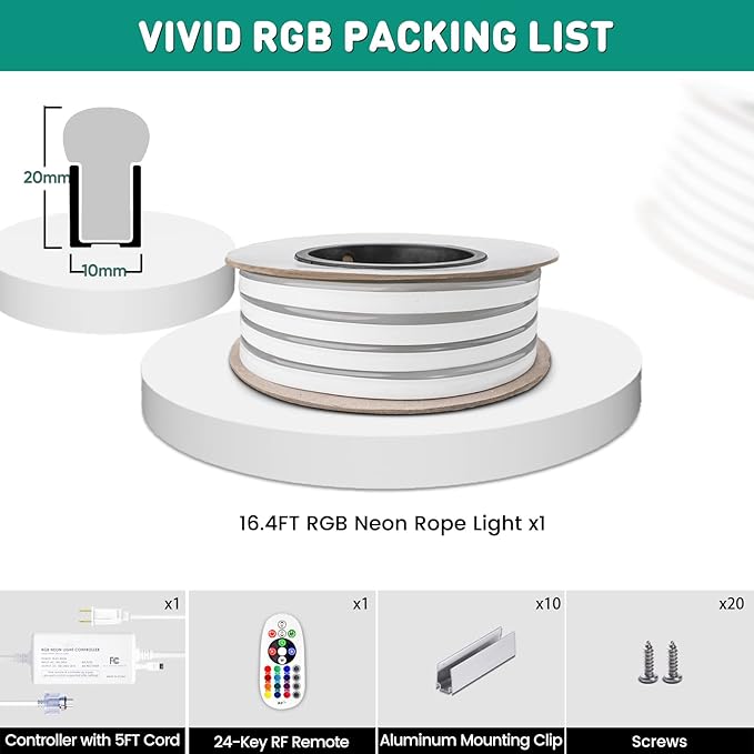 GZBtech RGB LED Neon Rope Lights 16.4FT/5M, AC 110-120V Waterproof Color Changing LED Rope with Remote Controller, Dimmable Multi Color Neon Rope Lighting for Indoor Outdoor Commercial Use-HomvellaHome