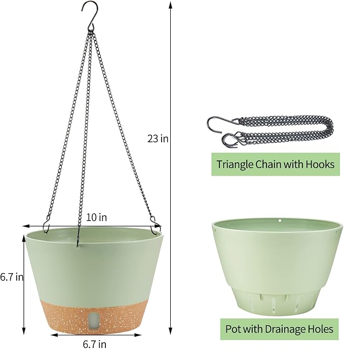 2 Pack Hanging Planters, 10 inch Indoor Outdoor Hanging Plant Pot Basket, Hanging Plastic Flower Pot with Drainage Hole with Removable Tray&Hooks for Hanging Plants,Green-HomvellaHome