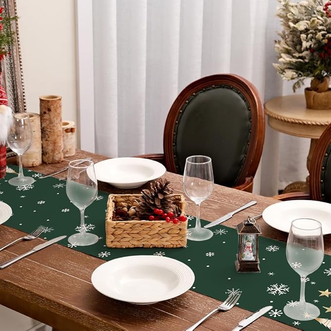 GEEORY Christmas Table Runner 13x108 Inch, Xmas Trees Snowflakes Holiday Decorative Farmhouse Table Decoration for Kitchen Dinning, Indoor Outdoor Dinner Party Decor (Green) GT152-108-HomvellaHome