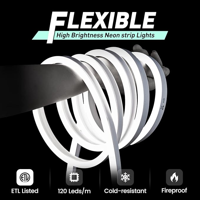 GZBtech Flexible LED Neon Rope Lights 33FT,AC 110-120V Waterproof Strip Light, 120 LEDs/M Cuttable Connectable Neon Lighting for Indoor Outdoor Home Decor/Commercial Building Use-Cold White 10M-HomvellaHome