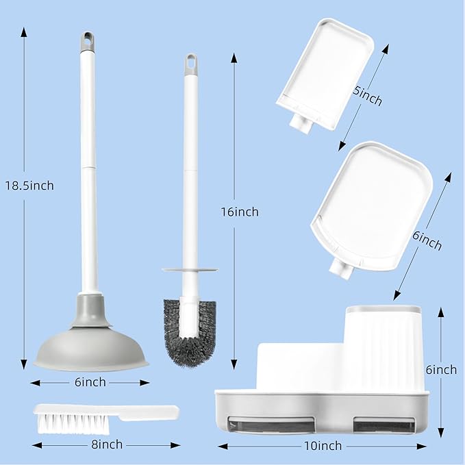 2 Pack Toilet Brush and Plunger Set, 3 in 1 Toilet Bowl Brush and Holder with Crevice Cleaning Brush Wall Mounted Household Bathroom Cleaning Tools Combo(2)-HomvellaHome