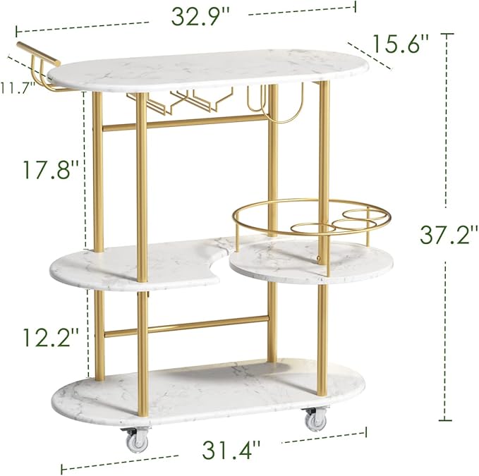 Gold Bar Carts with 4-Tier Storage Shelves, Mobile Bar Serving Cart with Wine Rack and Glass Holder, for The Home, Kitchen, Living Room, Dining Room-HomvellaHome