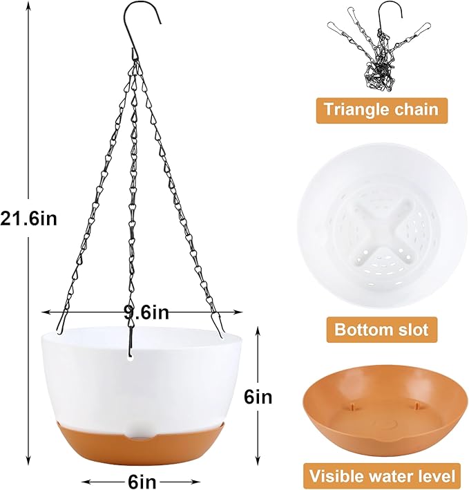 10 inch Hanging Planters for Indoor Outdoor Plants with Self-Watering Pots, 3 Pack Plastic Hanging Basket with Removable Tray for Home Garden Porch Balcony Patio Decor(White+Black+Green)-HomvellaHome