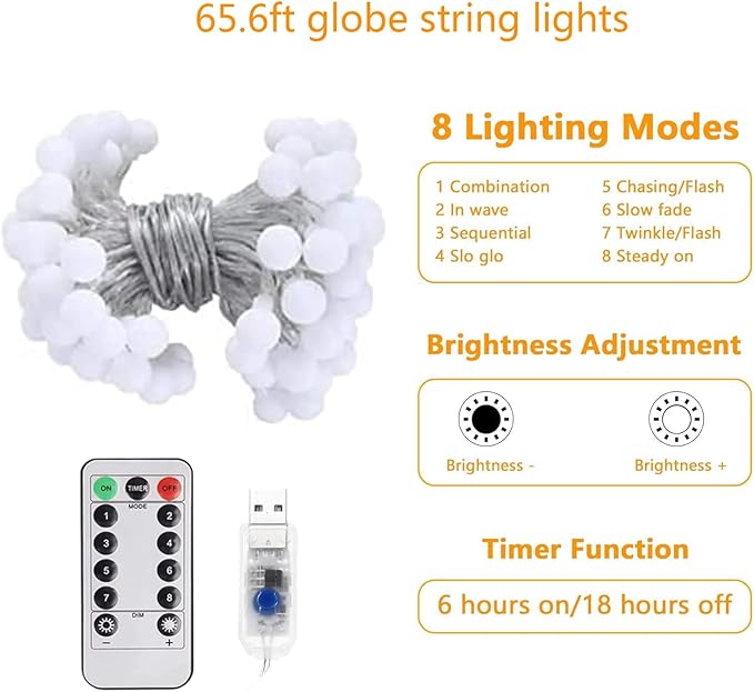 Globe String Lights 65.6 Ft. 120LEDs 8 Modes with Remote,USB Fairy Lights Plug in,Waterproof LED String Lights for Indoor Outdoor Bedroom Party Wedding Garden Christmas Tree Decor,Warm White-HomvellaHome