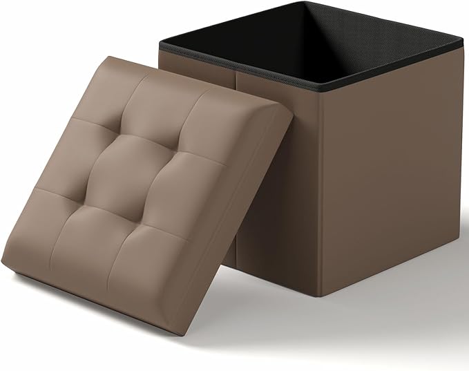 15 Inches Small Folding Storage Ottoman Cube, Storage Footrest, Foot Rest Stool, for Living Room, Bedroom, Dorm, Hallway, Entryway, Brown-HomvellaHome
