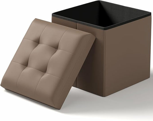 15 Inches Small Folding Storage Ottoman Cube, Storage Footrest, Foot Rest Stool, for Living Room, Bedroom, Dorm, Hallway, Entryway, Brown-HomvellaHome