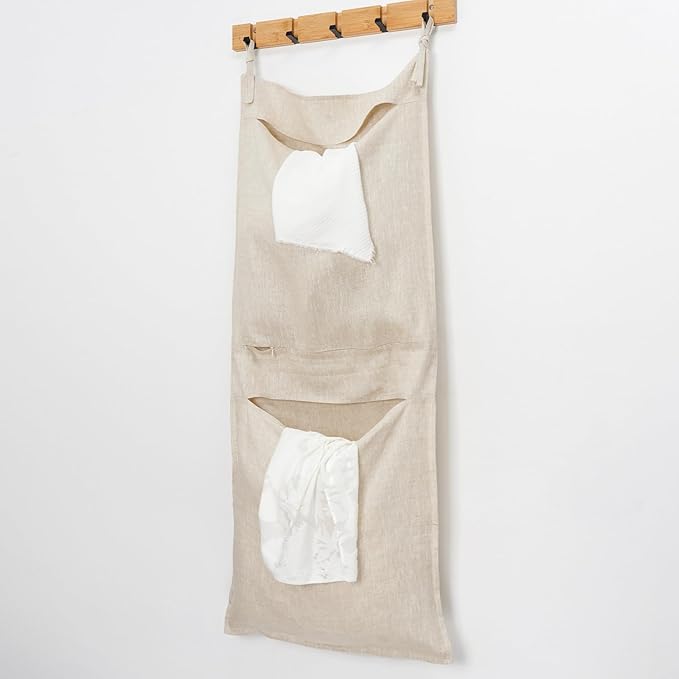 100% Linen Hanging Laundry Bag with 2 Compartments, Over the Door Laundry Hamper, Dirty Clothes Space Saving Organizer 19.7 x 47 Inches, Linen-HomvellaHome