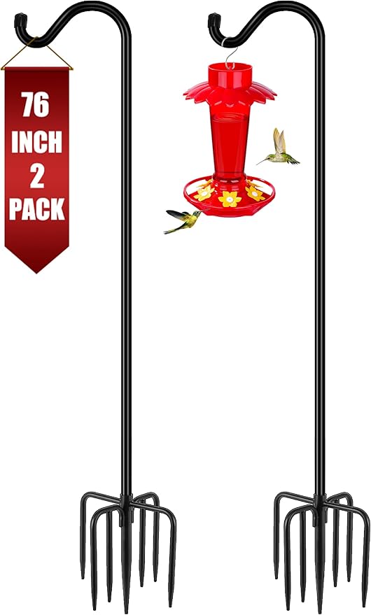Gtongoko Shepherds Hook for Outdoor, 76 Inch Bird Feeder Pole with 7 Prongs Base, 3/4 Inch Thick Heavy Duty Adjustable Garden Hook for Hanging Plant, Hummingbird Feeder, Lantern, 2 Pack-HomvellaHome