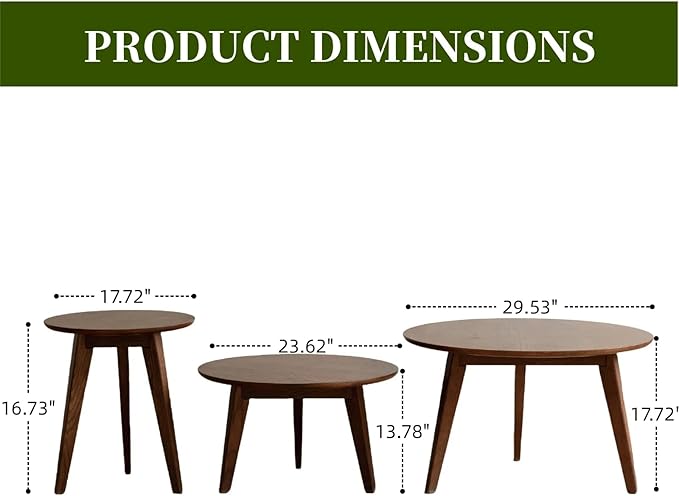 100% Solid Oak Wood Coffee Table Set, Round Coffee Table Combo Side Table w/Solid Wood Legs, Mid Century Table Sturdy Tables for Bedroom Balcony Living Room (Walnut, 3 Pieces)-HomvellaHome