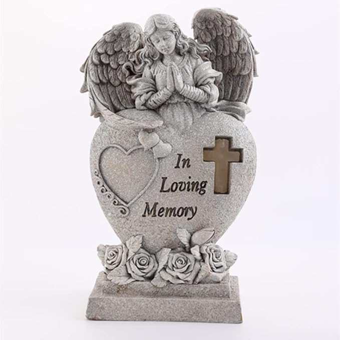 Garden Angel Statue with Cross Solar LED Light, Memorial Gifts for Loved Ones, Cemetery Grave Decorations-HomvellaHome