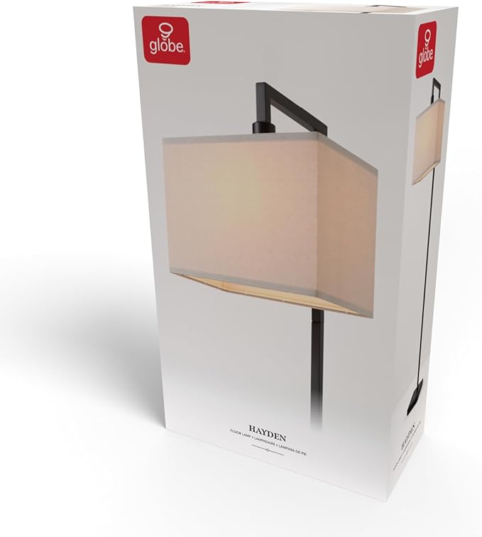Globe Electric 61000052 60" Floor Lamp, Matte Black, Square White Fabric Shade, On/Off Rotary Switch on Socket, Square Rod, Reading Lamp, Home Office Accessories, Home Décor, Home Improvement-HomvellaHome