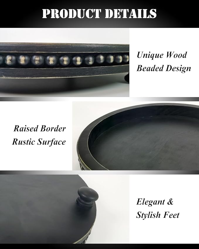 12 Inches Rustic Wooden Decorative Tray, Small Round Beaded Wood Tray for Kitchen Dinning Table Centerpiece Decor Entryway Living Room Home Decor, Black-HomvellaHome