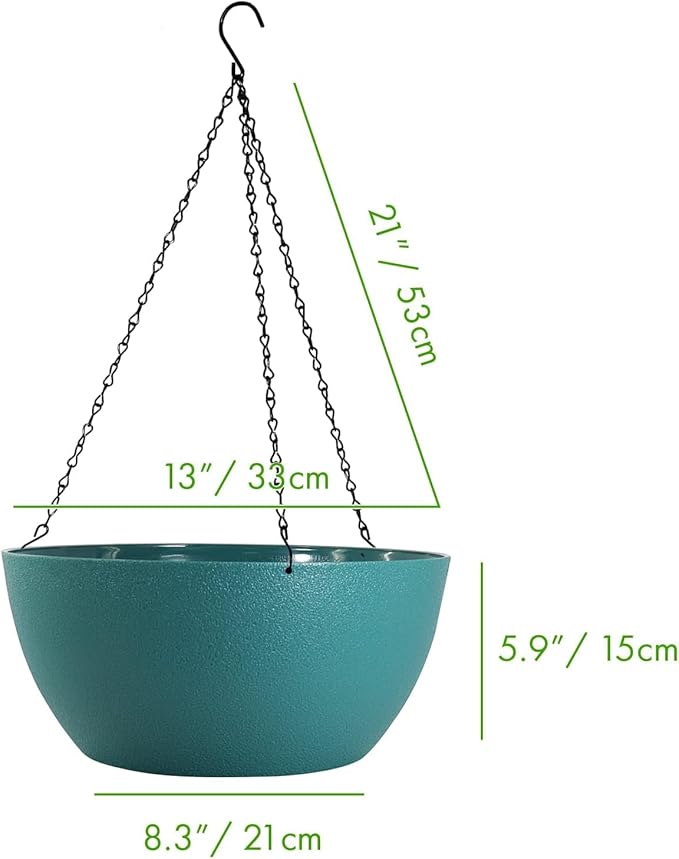 13 inch Large Hanging Planters Plant Pots for Outdoor Indoor Plants with Drainage Holes and Chain, 2 Pack Round Hanging Flower Pots for Garden Home Porch Decor, Blue Green-HomvellaHome