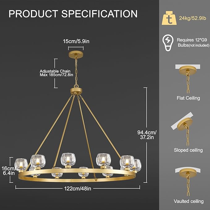 Gold Wagon Wheel Chandelier, 48 Inch Brass Chandeliers with Unique Glass Shade, 12-Light Crystal Large Wagon Wheel Chandeliers for Dining Room, High Ceiling Round Chandelier for Living Room, Foyer-HomvellaHome