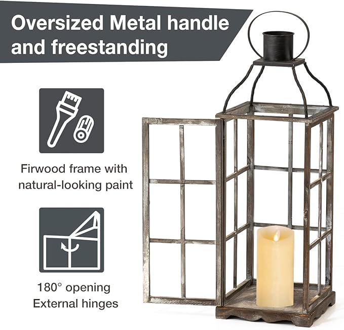 Glitzhome Farmhouse Oversized Wood Metal Lanterns Decorative Hanging Candle Lanterns Set of 2, Black (No Glass)-HomvellaHome