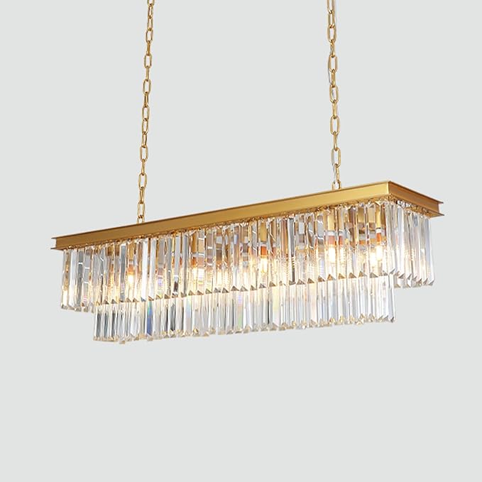 Gold Modern Rectangular Crystal Linear Chandeliers Rectangle Contemporary Pendant Ceiling Light Fixture for Kitchen Island, Dining Room, Bar, 12-Light 47 Inches-HomvellaHome