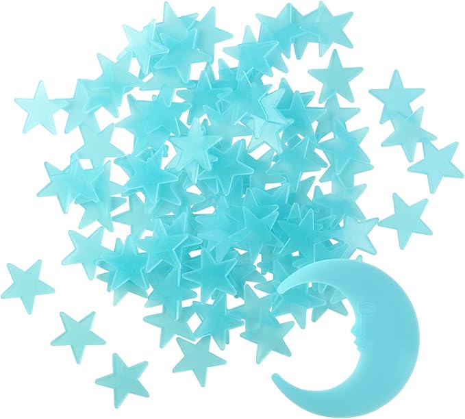 100 Stars and 1 Moon Glow in The Dark Luminous Fluorescent 3D Plastic Glow Stars Moon for Ceiling, Glowing Wall Stickers Create a Realistic Starry Sky, Room Decorations (Blue)-HomvellaHome