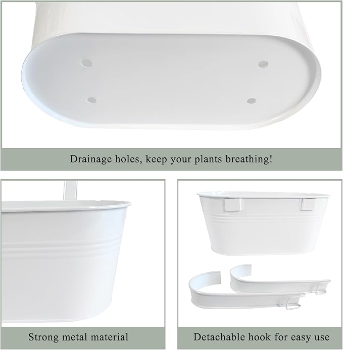 10" Hanging Flower Pots, Pack of 4 White Metal Outdoor Patio Balcony Planter, Railing Planters Fence Pot with Detachable Hook & Drainage Hole for Small Plants (White, 4Pcs)-HomvellaHome