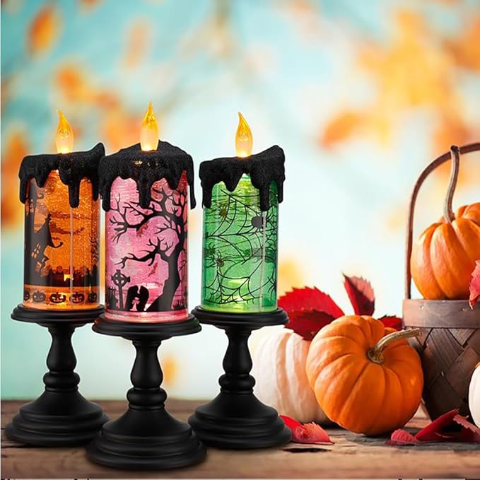 1.Halloween Snow Globe Tornado Flameless Candles Table Centerpiece for Celebration Party,Battery Operated LED Candle with 6 Hours Timer for Home Indoor Halloween Decoration (Spider)-HomvellaHome