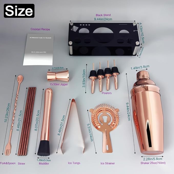 14-Piece Cocktail Shaker Set Bartender Kit with Black Stand, Bar Tool Set for Drink Mixing Bartending Kit Bar Sets Accessories: 750ml(25oz) Shaker, Jigger, Muddler, Cocktail Recipes (Rose Gold)-HomvellaHome