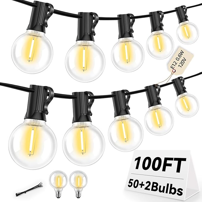 100FT G40 LED Outdoor String Lights with 50 Shatterproof Bulbs + 2 Spares, E12 Socket, 2700K Warm White, Weatherproof Black Cable, for Patio, Backyard, Wedding, Party, Porch, Deck, Gazebo, Camping-HomvellaHome