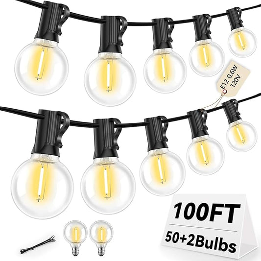 100FT G40 LED Outdoor String Lights with 50 Shatterproof Bulbs + 2 Spares, E12 Socket, 2700K Warm White, Weatherproof Black Cable, for Patio, Backyard, Wedding, Party, Porch, Deck, Gazebo, Camping-HomvellaHome