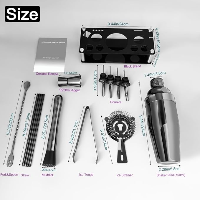 14-Piece Cocktail Shaker Set Bartender Kit with Black Stand, Bar Tool Set for Drink Mixing Bartending Kit Bar Sets Accessories: 750ml(25oz) Shaker, Jigger, Muddler, Cocktail Recipes (Black)-HomvellaHome