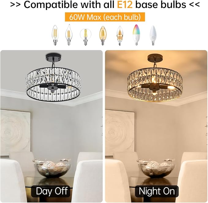 16” 4-Light Modern Crystal Chandeliers Black Dinning Room Light Fixture, Round Pendant Light Kitchen Island Chandelier, Flush Mount Ceiling Light for Living Room Entryway Bedroom Foyer-HomvellaHome