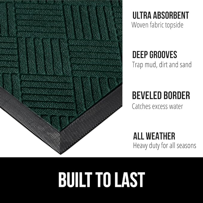 GORILLA GRIP 100% Waterproof All-Season WeatherMax Doormat US Designed Natural Rubber, Stain and Fade Resistant, Low Profile Indoor Outdoor Door Mats, Easy Clean Patio Mat, 23x35, Green Diamond-HomvellaHome
