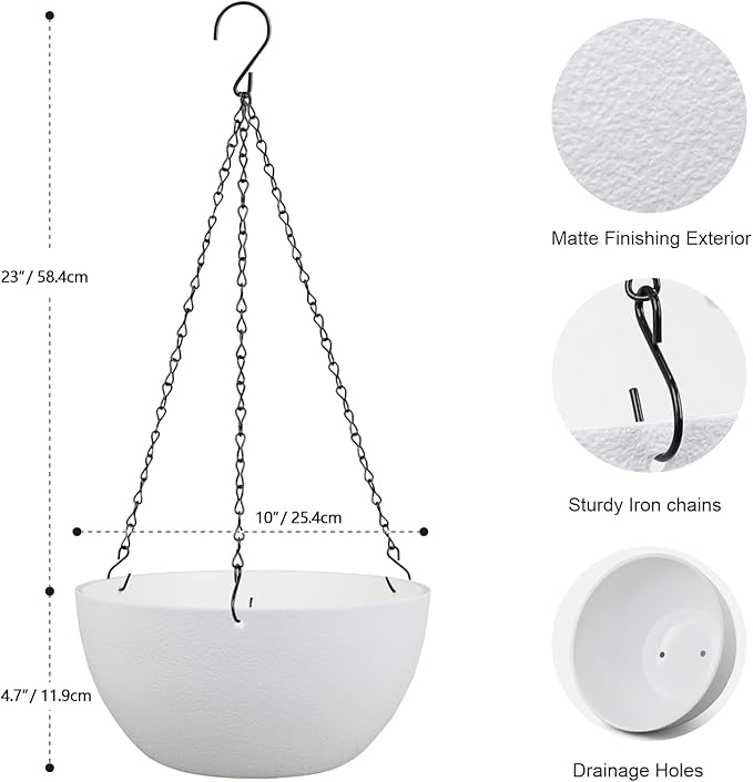 10 inch Hanging Planters for Indoor Outdoor Plants, 2 Pack Hanging Flower Pots with Drainage Holes and Chain for Garden Balcony Porch, Round Plastic Hanging Baskets for House Plants, White-HomvellaHome